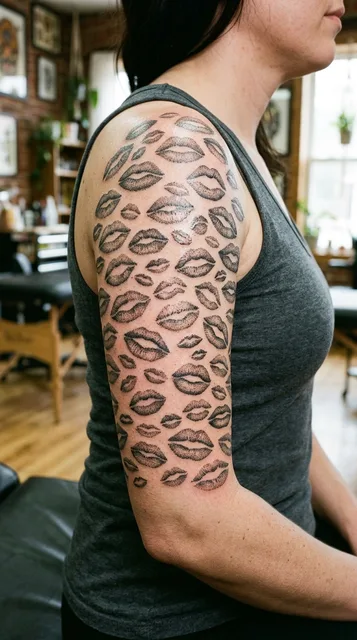 Black and grey dotwork lips tattoo as a half sleeve on a woman