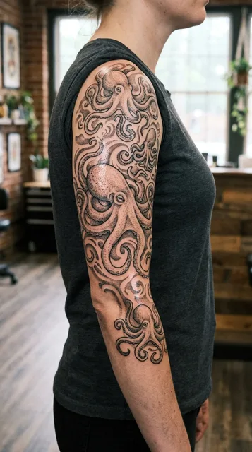 Black and grey dotwork octopus tattoo as a half sleeve on a woman