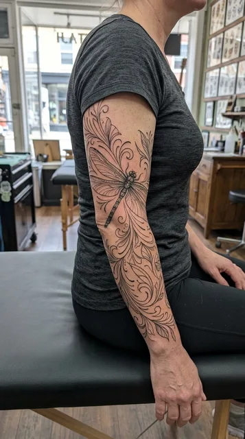 Black and white fine line dragonfly tattoo as a half sleeve on a woman