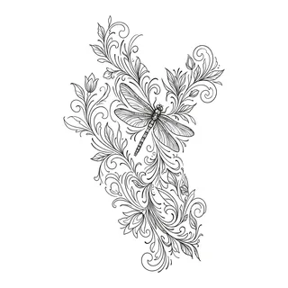 Black and white fine line dragonfly tattoo design, outline stencil for a half sleeve