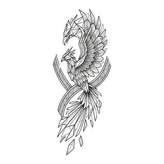 Black and white geometric phoenix tattoo design, outline stencil for a half sleeve