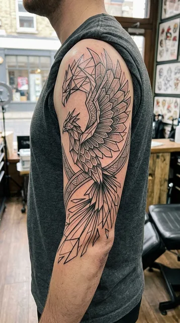 Black and white geometric phoenix tattoo as a half sleeve on a man
