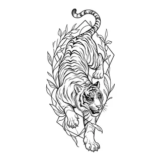 Black and grey illustrative tiger tattoo design, drawn flat for a half sleeve