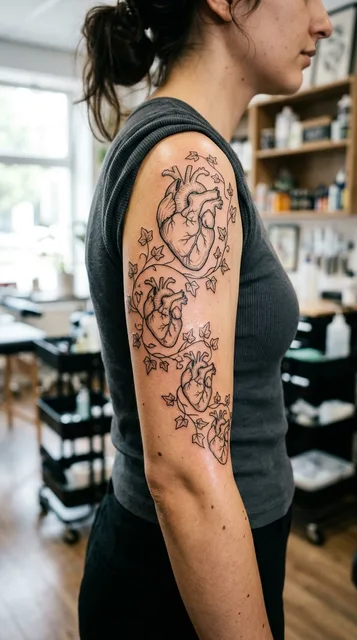 Black and white linework hearts tattoo as a half sleeve on a woman