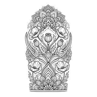 Black and grey ornamental tattoo design, drawn flat for a half sleeve