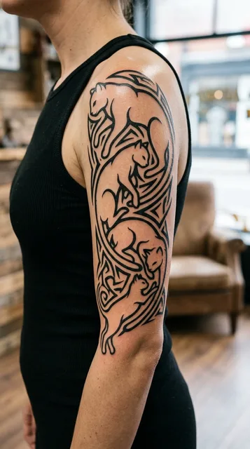 Black and white tribal cats tattoo as a half sleeve on a woman