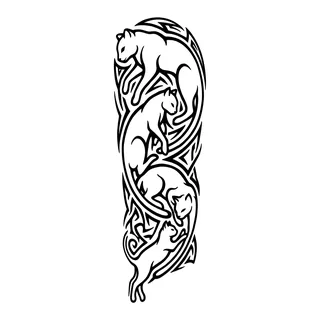 Black and white tribal cats tattoo design, drawn flat for a half sleeve