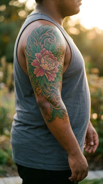 Color illustrative tattoo as a half sleeve on a man