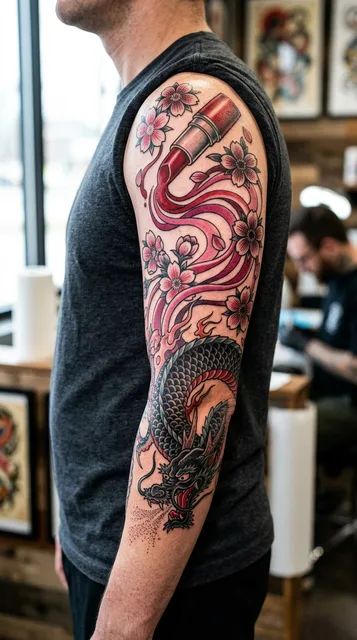 Color Japanese dragon tattoo as a half sleeve on a man
