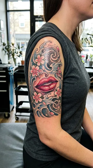 Color Japanese lips tattoo as a half sleeve on a woman