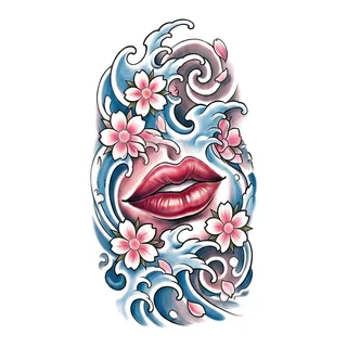 Color Japanese lips tattoo design, drawn flat for a half sleeve