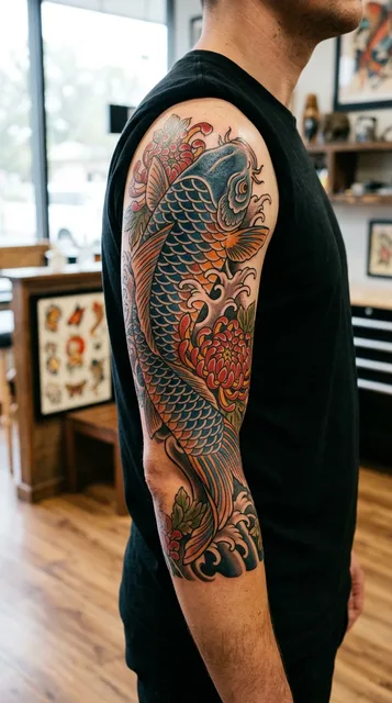 Color neo traditional koi fish tattoo as a half sleeve on a man