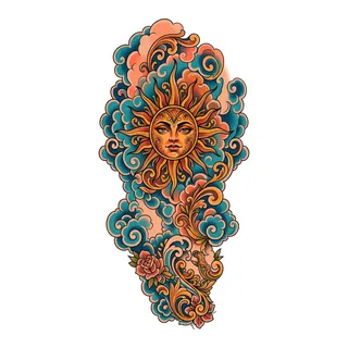 Color neo traditional sun tattoo design, drawn flat for a half sleeve
