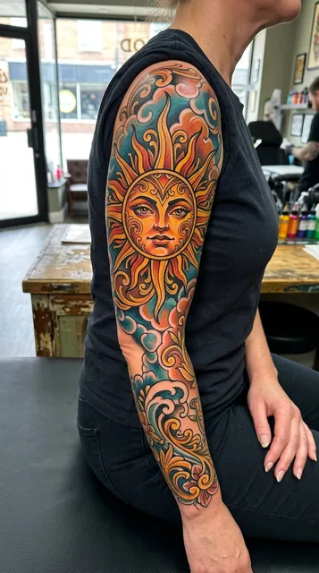 Color neo traditional sun tattoo as a half sleeve on a woman