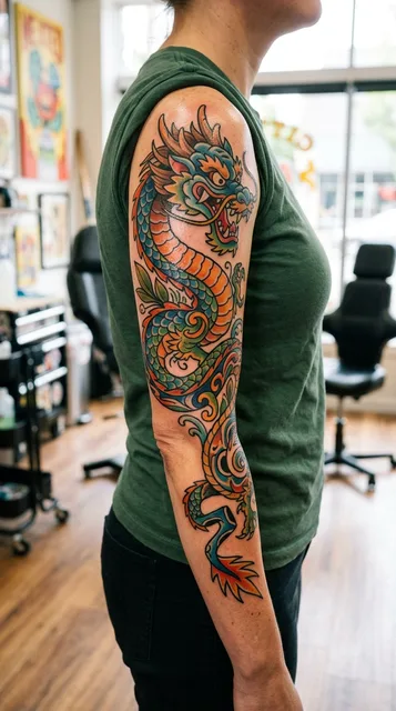 Color new school dragon tattoo as a half sleeve on a woman