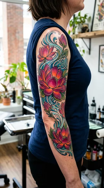 Color new school lotus tattoo as a half sleeve on a woman