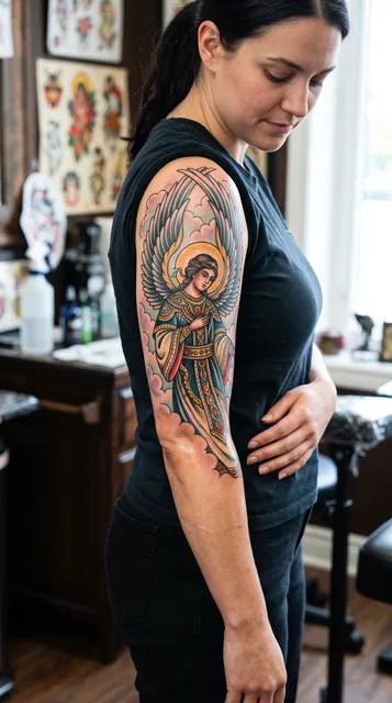 Color traditional angel tattoo as a half sleeve on a woman