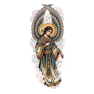 Color traditional angel tattoo design, drawn flat for a half sleeve