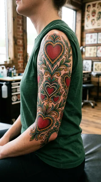 Color traditional heart tattoo as a half sleeve on a woman