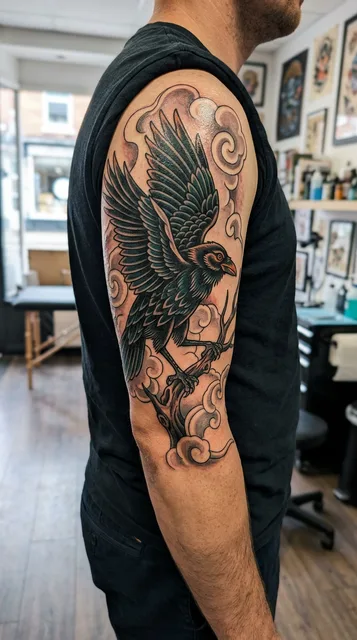 Color traditional raven tattoo as a half sleeve on a man