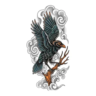 Color traditional raven tattoo design, drawn flat for a half sleeve