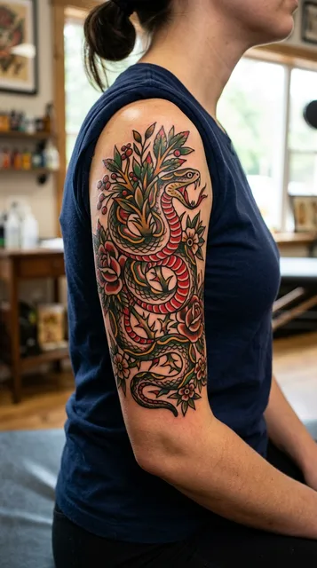 Color traditional snake tattoo as a half sleeve on a woman