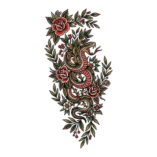 Color traditional snake tattoo design, drawn flat for a half sleeve