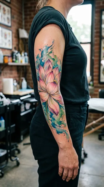 Color watercolor lotus tattoo as a half sleeve on a woman