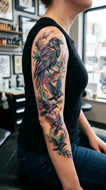Color watercolor ravens tattoo as a half sleeve on a woman