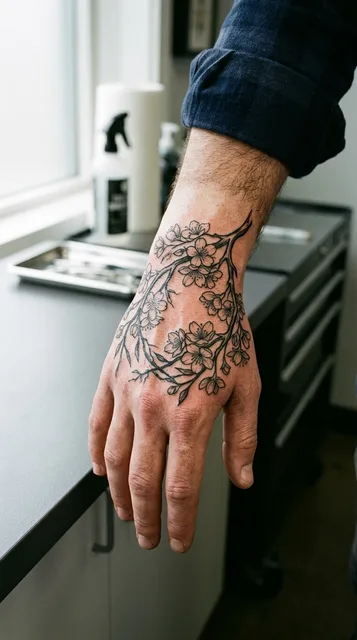 Black and white blackwork cherry blossom tattoo on a man's hand
