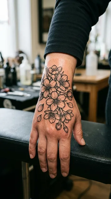 Black and white blackwork cherry blossom tattoo on a woman's hand