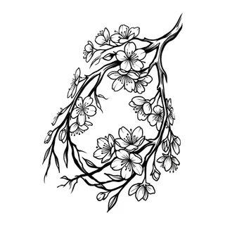 Black and white blackwork cherry blossom tattoo design, drawn flat for a hand tattoo
