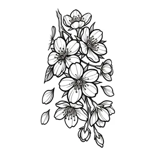 Black and white blackwork cherry blossom tattoo design, drawn flat for a hand tattoo