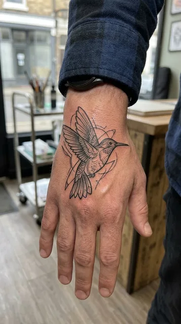 Black and white blackwork hummingbird tattoo on a man's hand