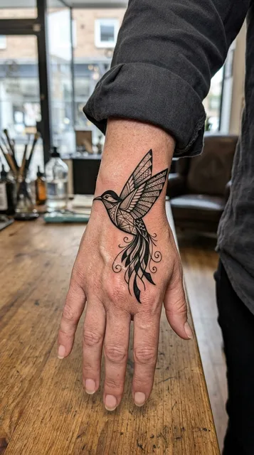 Black and white blackwork hummingbird tattoo on a woman's hand