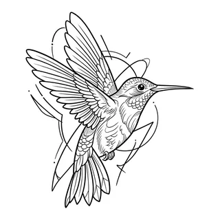 Black and white blackwork hummingbird tattoo design, drawn flat for a hand tattoo