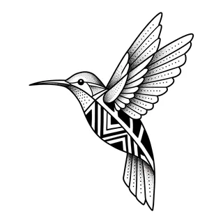 Black and white blackwork hummingbird tattoo design, drawn flat for a hand tattoo