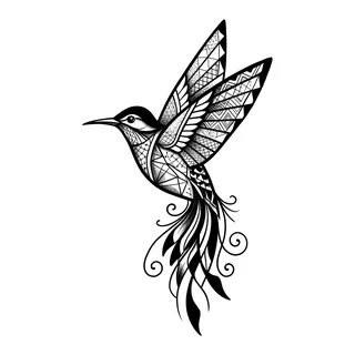 Black and white blackwork hummingbird tattoo design, drawn flat for a hand tattoo