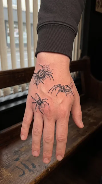 Black and grey dotwork spider tattoo on a man's hand
