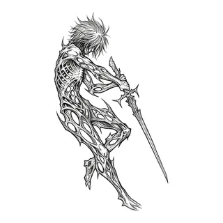 Black and grey dotwork warrior tattoo design, drawn flat for a hand tattoo
