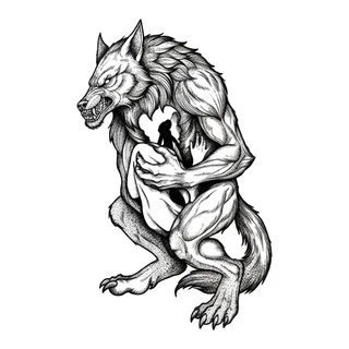 Black and grey dotwork werewolf tattoo design, drawn flat for a hand tattoo