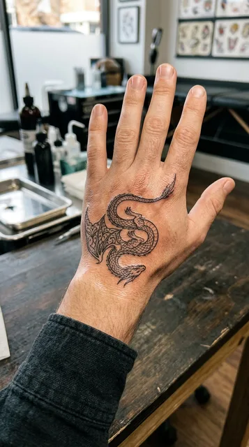 Black and white fine line dragon tattoo on a man's hand
