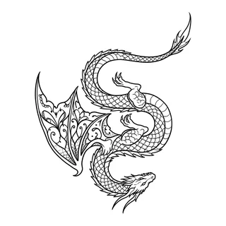 Black and white fine line dragon tattoo design, outline stencil for a hand tattoo