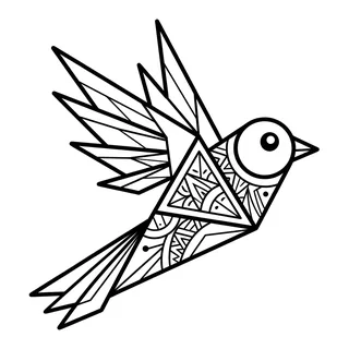 Black and white geometric bird tattoo design, outline stencil for a hand tattoo