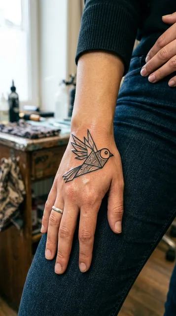 Black and white geometric bird tattoo on a woman's hand