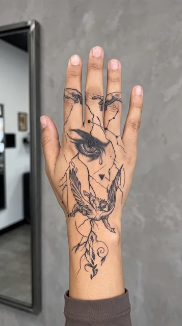 Black and grey illustrative angel eye tattoo on a woman's hand