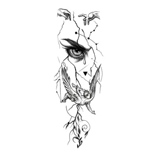 Black and grey illustrative angel eye tattoo design, drawn flat for a hand tattoo