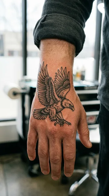 Black and grey illustrative eagle tattoo on a man's hand