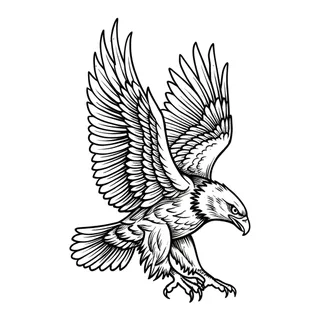 Black and grey illustrative eagle tattoo design, drawn flat for a hand tattoo