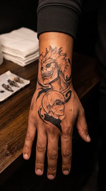 Black and grey illustrative faces tattoo on a man's hand